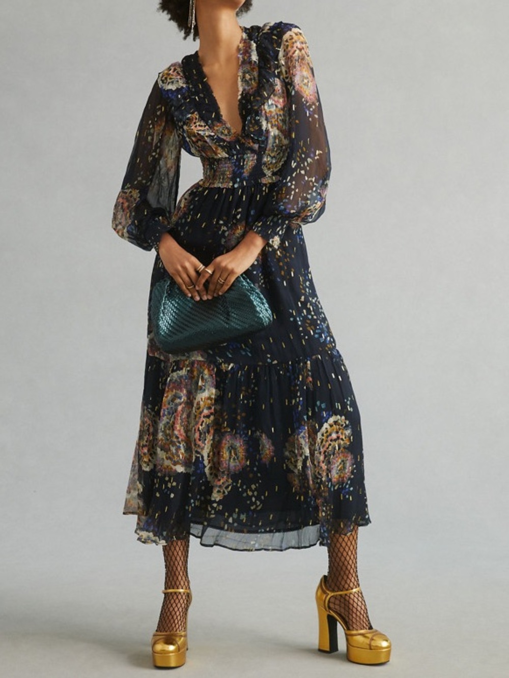 Anthropologie Women’s Smocked V-Neck Metallic Abstract Ruffle Blue Maxi Dress XL - Picture 16 of 16